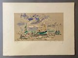 une image d'un tableau représentant un bateau sur l'eau