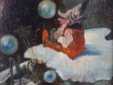 painting of a child on a sleigh in the snow with bubbles