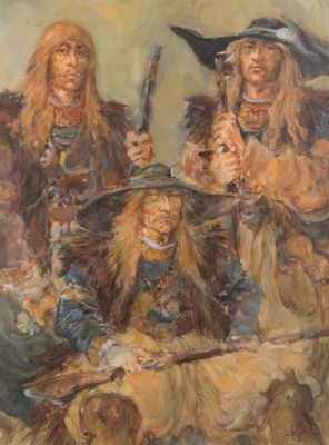 painting of a group of people dressed in costumes and holding knives