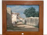 a picture of a painting of a street in a village