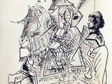 une image représentant un dessin d'un homme à cheval accompagné d'une femme