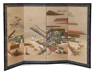 Paravent quatre feuilles décor polychrome peint de personnag…