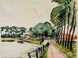 une aquarelle représentant une rivière et une route