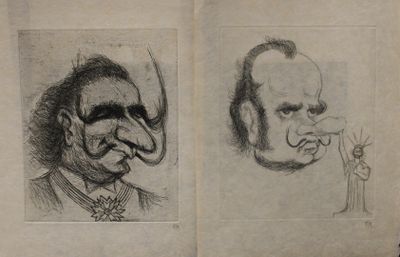 an old book with a drawing of a man and a man with a nose
