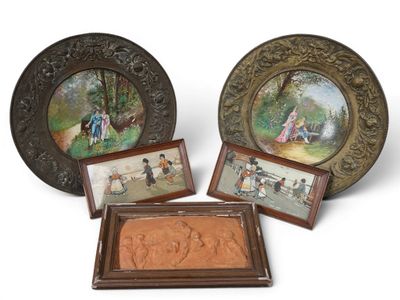 three framed pictures of people and a dog on a park bench