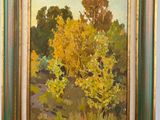 an oil painting of a yellow tree in a green frame