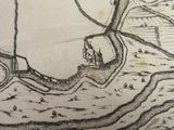 an old drawing of a castle on a hill with a river in the foreground