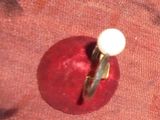 une pomme rouge surmontée d'un anneau doré