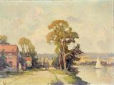 tableau représentant une vue sur une rivière, avec une maison et un voilier au loin