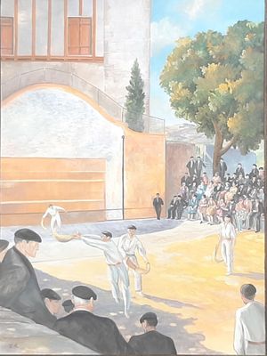 a painting of a group of men playing a game of cricket