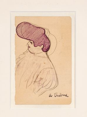 dessin représentant une femme coiffée d'un chapeau, dans un cadre blanc