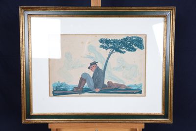 tableau représentant un homme assis sous un arbre devant un fond bleu