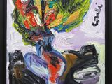 painting of a vase of flowers on a table with music notes in the background