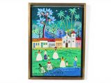 painting of a painting of people in a field with palm trees and a house in the background