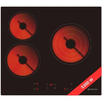 an image of a black and red stove top with three burners