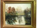 an image of a painting of a river with trees in the background