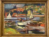 a painting of boats on the water near a shore