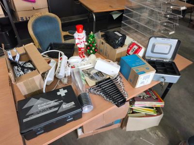 a desk with a lot of items on it
