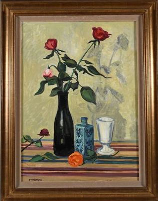 a painting of roses in a vase and a cup on a table