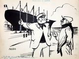 cartoon drawing of two men standing next to each other near a boat
