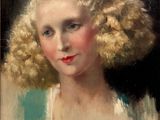 painting of a woman with blonde hair and blue eyes in a white dress