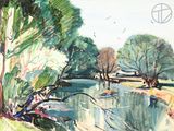 une aquarelle représentant un bateau sur une rivière