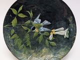 a painting of a bird on a plate with flowers on it