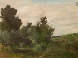 peinture d'un paysage avec une rivière et des arbres au premier plan