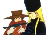an image of a cartoon picture of a woman with a gun and a man with a hat