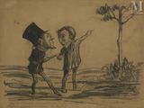 un vieux dessin représentant un homme et un garçon debout l'un à côté de l'autre