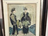 une image représentant un tableau où l'on voit deux femmes avec des parapluies posées sur une étagère