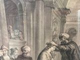 painting of a man giving a woman something to a man in a castle