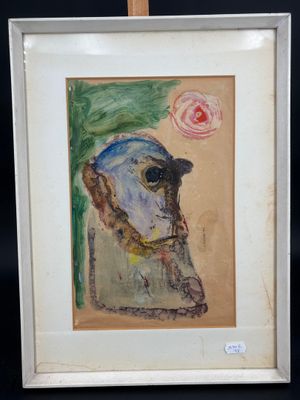 tableau représentant un chien coiffé d'un chapeau et tenant une fleur, dans un cadre blanc