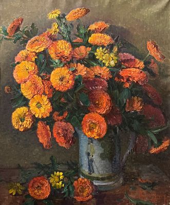 a painting of flowers in a vase on a table