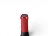 a red wine bottle with a black cap on a white background