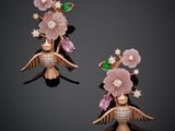 pair of pink and green enamel flowers and leaves earrings