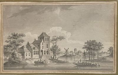 dessin représentant une maison au bord d'une rivière, avec un bateau au premier plan