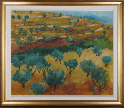 une peinture à l'huile représentant un paysage avec des arbres et des collines en arrière-plan
