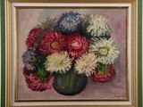 a painting of flowers in a vase on a table