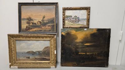 trois tableaux encadrés représentant un paysage, une rivière et un village