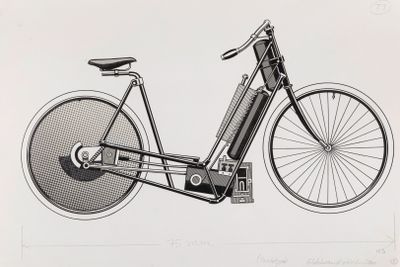 a black and white drawing of a bicycle on a white background