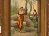 an old painting of a woman walking down a dirt road