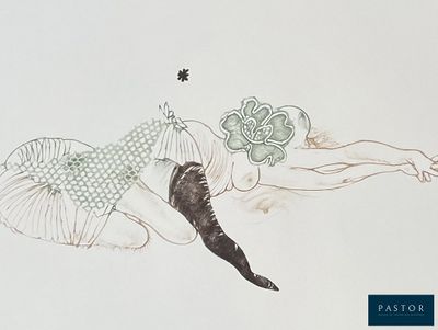un dessin représentant une femme allongée par terre, avec une fleur dans les cheveux