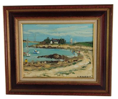 an oil painting of a beach scene with boats in the water