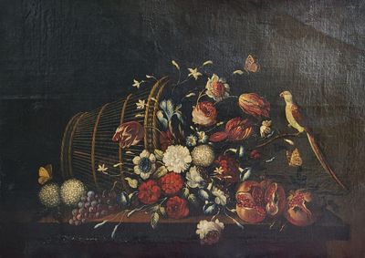 une peinture représentant une cage à oiseaux avec des fleurs et des fruits posés sur une table