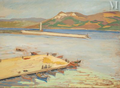 une peinture représentant un quai avec des bateaux sur l'eau