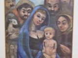 tableau représentant une femme tenant un bébé dans ses bras devant un groupe de personnes