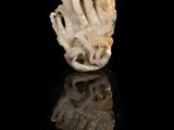 carved ivory figurine of a human hand on a black surface
