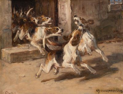 un tableau représentant un groupe de chiens en train de jouer ensemble