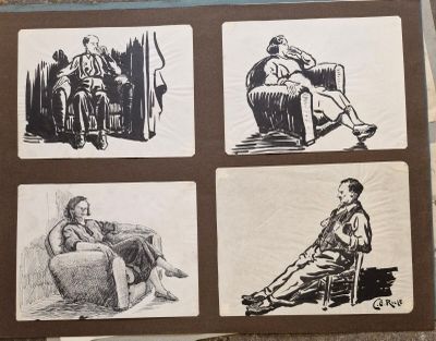plusieurs croquis représentant des personnes assises sur un canapé dans une pièce